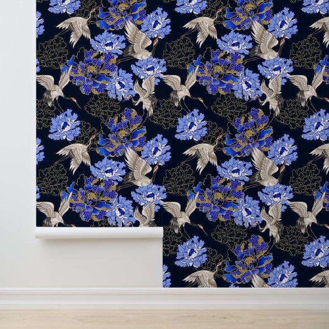 Japanse Witte Kraanvogels Blauwe Gouden Chrysanthe Behang (Applicatie)