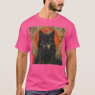 Japanse wolf en rode maan met Japanse Kanji-kunst T-shirt
