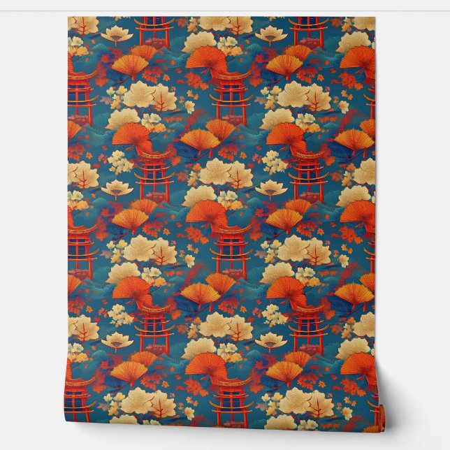 Japanse wolken en bloemen behang (Afrollen)