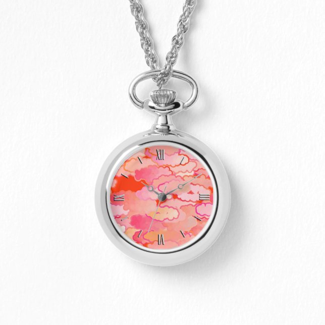 Japanse wolken, zonsondergang, koraal, Fuchsia, ro Horloge (Voorkant)