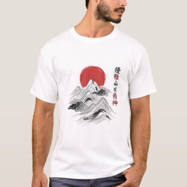 Japanse Zen Berg Rode Zon Inkt Wassen Kunst T-shirt