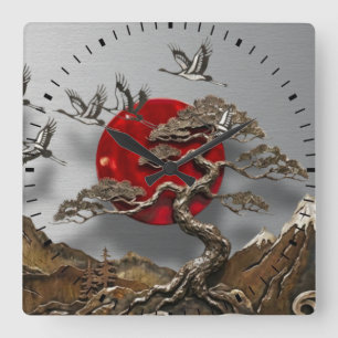 Japanse Zen Bonsai & Rode Zon Acryl Wandklok