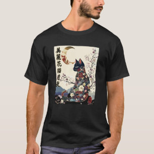 Japanse Zen Kat Geisha Kimono Halve Maan Retro T-shirt