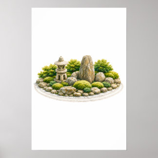 Japanse Zen-tuin met stenen lantaarn en rots Poster