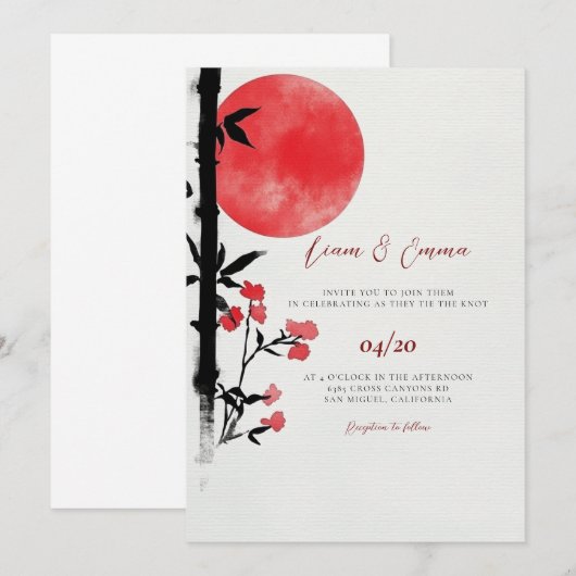 Japanse zon bamboe bruiloft uitnodiging (Voorkant / Achterkant)