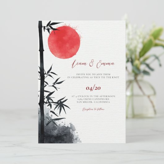 Japanse zon bamboe bruiloft uitnodiging (Staand voorkant)