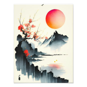 Japanse Zonsondergang over Cherry Blossoms Foto Afdruk