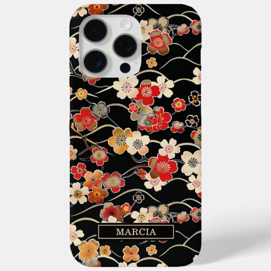 Japanse Zwarte Bloempatroon met Monogram Case-Mate iPhone Case (Achterkant)