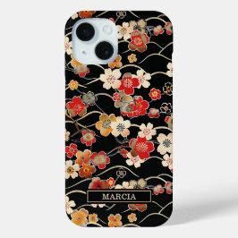 Japanse Zwarte Bloempatroon met Monogram iPhone 15 Case