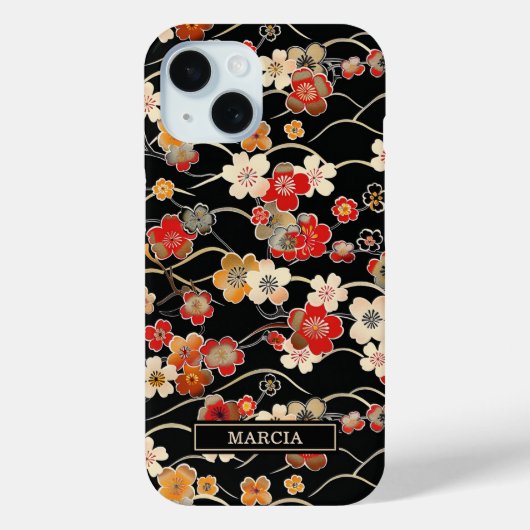 Japanse Zwarte Bloempatroon met Monogram Case-Mate iPhone Case (Achterkant)