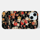 Japanse Zwarte Bloempatroon met Monogram Case-Mate iPhone Case (Achterkant (horizontaal))