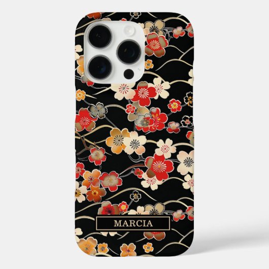 Japanse Zwarte Bloempatroon met Monogram Case-Mate iPhone Case (Achterkant)