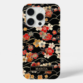 Japanse Zwarte Bloempatroon met Monogram iPhone 15 Pro Case