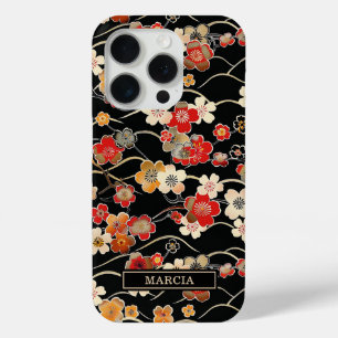 Japanse Zwarte Bloempatroon met Monogram iPhone 15 Pro Case