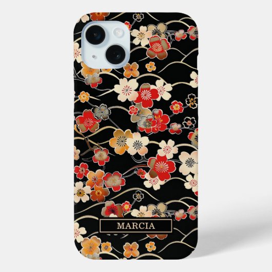 Japanse Zwarte Bloempatroon met Monogram Case-Mate iPhone Case (Achterkant)