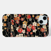 Japanse Zwarte Bloempatroon met Monogram Case-Mate iPhone Case (Achterkant (horizontaal))