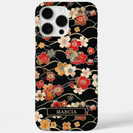 Japanse Zwarte Bloempatroon met Monogram iPhone 16 Pro Max Hoesje
