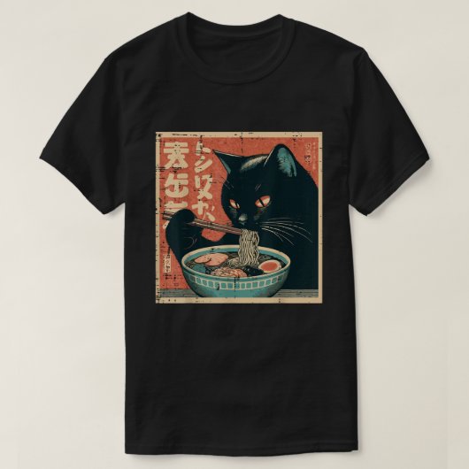 Japanse Zwarte Kat Eten Ramen Noodles Kitten T-shirt (Design voorkant)
