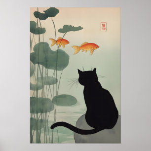 Japanse Zwarte Kat Kunstprint Vijver & Gouden Vis Poster