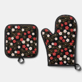 Japanse zwarte Sakura Cherry Blossom Flowers Ovenwant & Pannenlap Set (Voorkant)