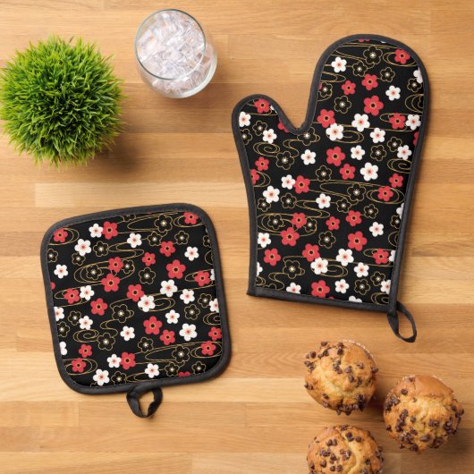 Japanse zwarte Sakura Cherry Blossom Flowers Ovenwant & Pannenlap Set (Top down)