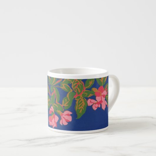 Japonica Flowers Roze op Deep Blue Espresso Kop (Voorkant rechts)