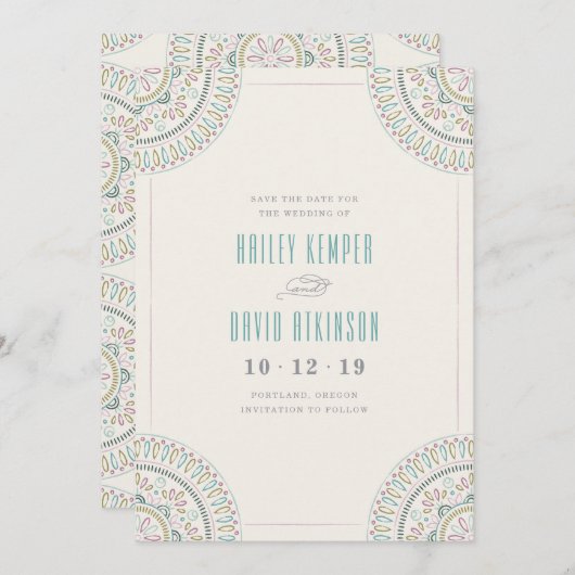 Jardin Mandala Save the Date Kaart - Turquoise (Voorkant / Achterkant)