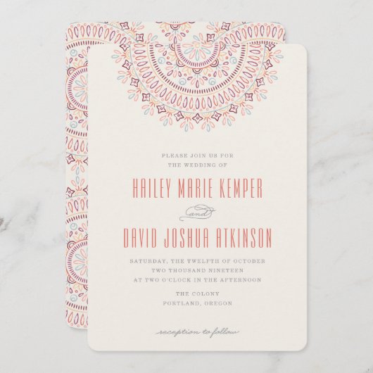 Jardin Mandala Wedding Invitation - Coral Kaart (Voorkant / Achterkant)
