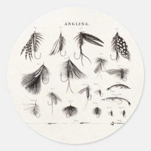  jaren 1800 hengelvliegen vliegen lokken ronde sticker
