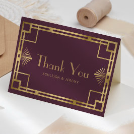 jaren 1920 Deco Bourgondië Gold Wedding Dank u Kaart