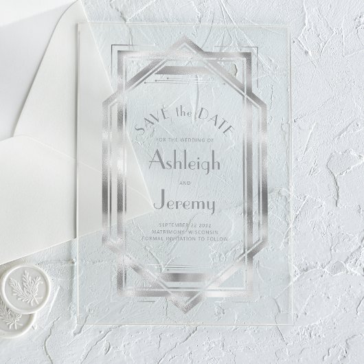 jaren 1920 Deco Silver Wedding Save the Date Acryl Uitnodigingen