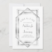  jaren 1920 Deco Wit Zilver Fotobruiloft Save The Date (Voorkant)