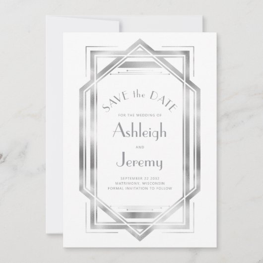  jaren 1920 Deco Wit Zilver Fotobruiloft Save The Date (Voorkant)