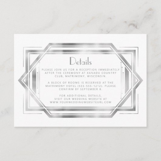 jaren 1920 Deco Wit Zilver Wedding Details Informatiekaartje (Voorkant)