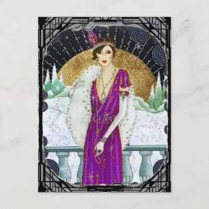 jaren 1920 Paarse Jurk Winter Flapper Lady Feestdagenkaart