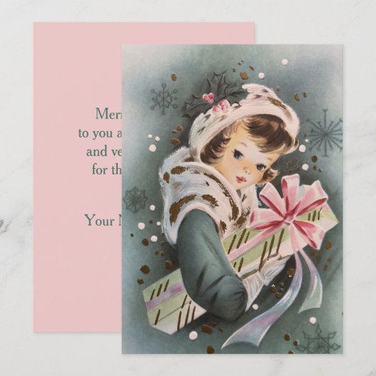  jaren 1950 Roze Kerstmeisje Custom Christmas Feestdagenkaart (Voorkant / Achterkant)