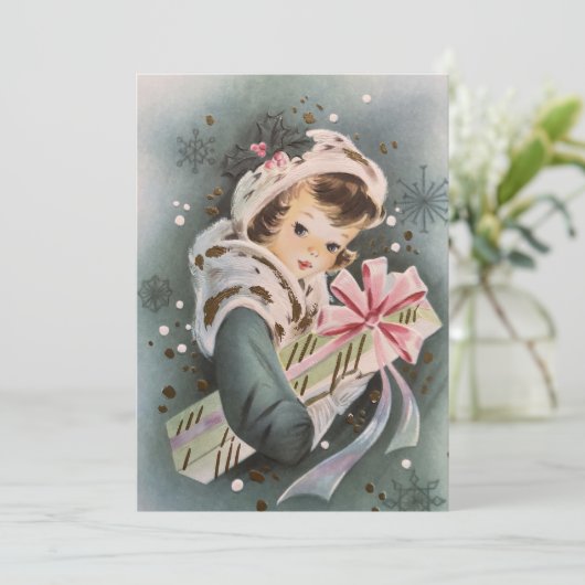  jaren 1950 Roze Kerstmeisje Custom Christmas Feestdagenkaart (Staand voorkant)