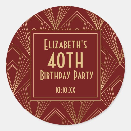 Jaren '20 Art Deco Bourgondiër & Gouden Verjaardag Ronde Sticker (Voorkant)