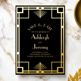Jaren 20 Art Deco Zwart Goud Trouw Save the Date Folie Uitnodiging