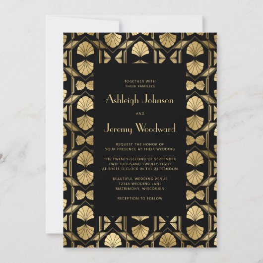  jaren '20 Deco Fan Pattern Zwart Goud Bruiloft Kaart (Voorkant)
