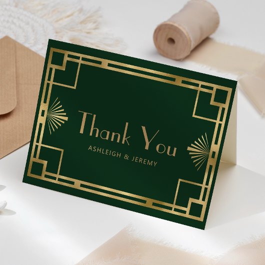  jaren '20 Deco Groen Goud Bruiloft Dank u Kaart
