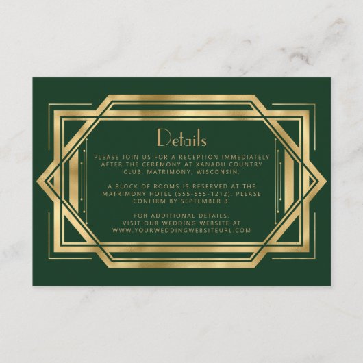 jaren '20 Deco Groen Goud Bruiloft Details Informatiekaartje (Voorkant)