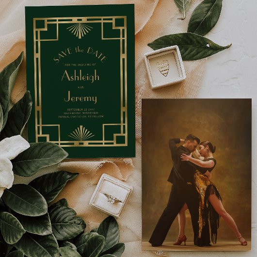  jaren '20 Deco Groen Goud Foto Bruiloft Save The Date