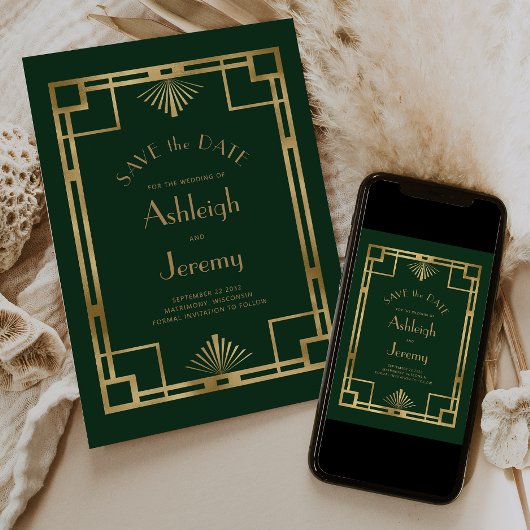  jaren '20 Deco Groen Goud Foto Bruiloft Save The Date