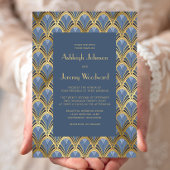 jaren '20 Deco Patroon Stoffig Blauw Goud Bruilof Kaart