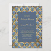 jaren '20 Deco Patroon Stoffig Blauw Goud Bruilof Kaart (Voorkant)