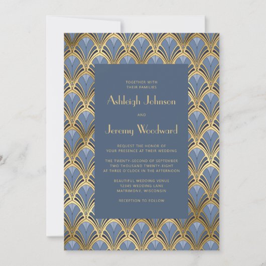 jaren '20 Deco Patroon Stoffig Blauw Goud Bruilof Kaart (Voorkant)