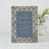 jaren '20 Deco Patroon Stoffig Blauw Goud Bruilof Kaart (Staand voorkant)