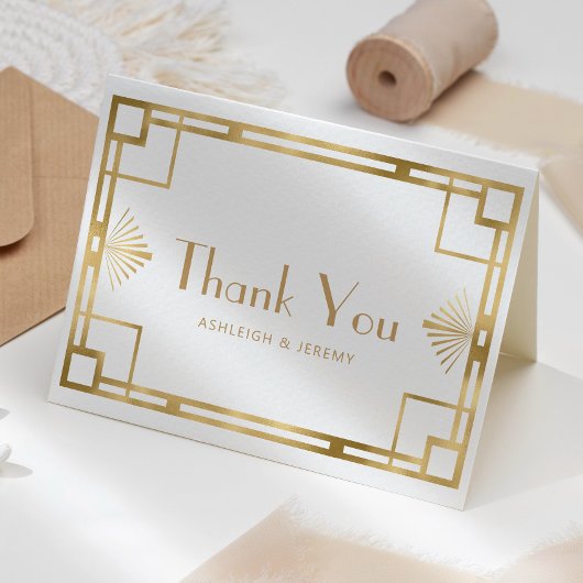  jaren '20 Deco Witgouden bruiloft Dank u Kaart
