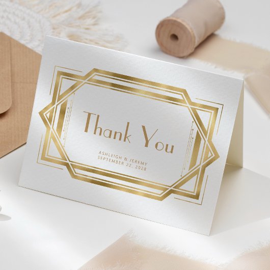  jaren '20 Deco Witgouden bruiloft Dank u Kaart